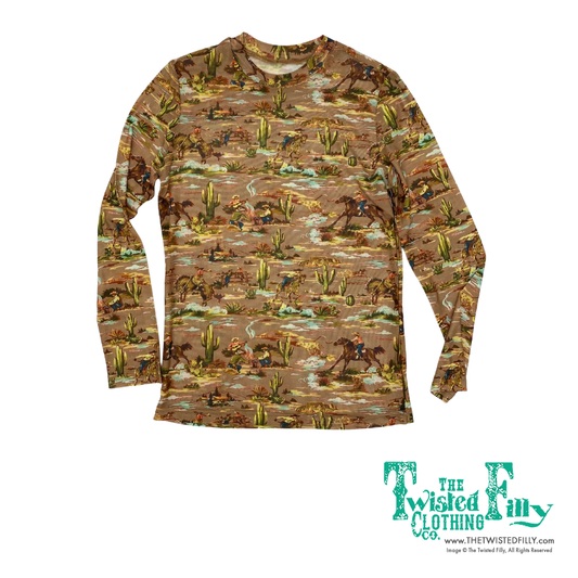 Long sleeve mesh top with cowboy desert pattern