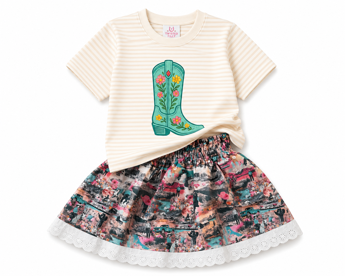 Teal Flower Boot Cream & White Striped SS Tee – Toddler - The Twisted Filly
