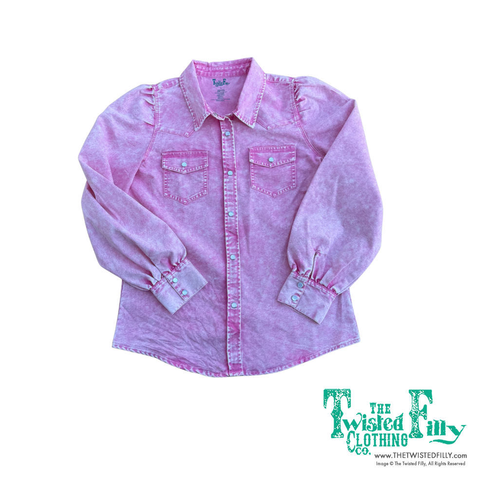 Pink Denim - Youth Puff Sleeve Pearl Snap Shirt