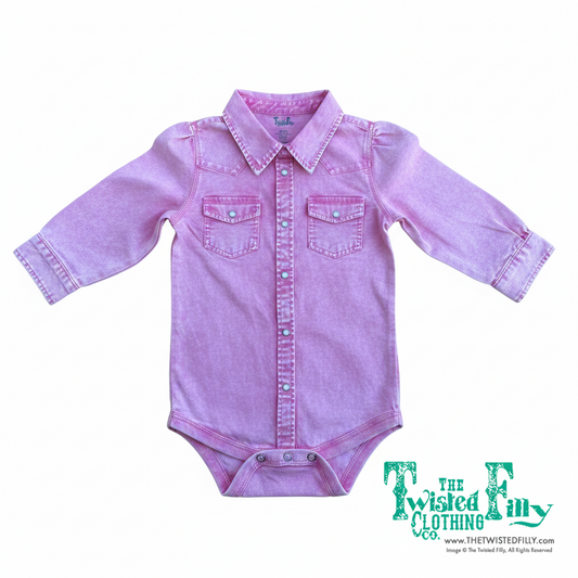 Pink Denim - Infant LS Puff Pearl Snap One Piece
