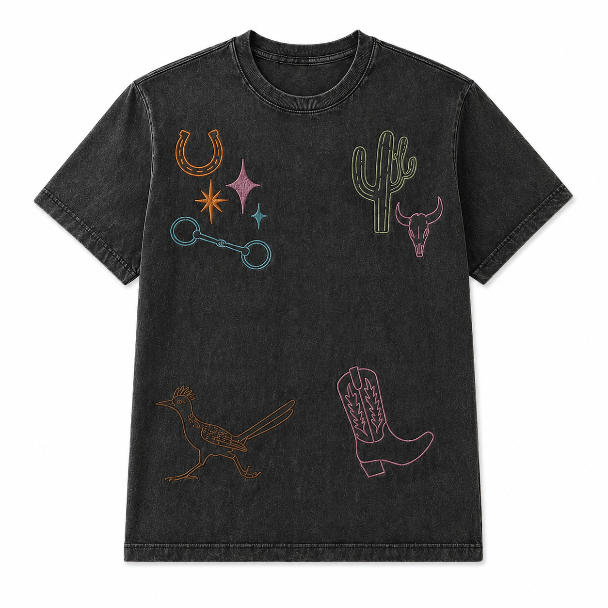 Black vintage wash t-shirt with colorful embroidered designs on a white background