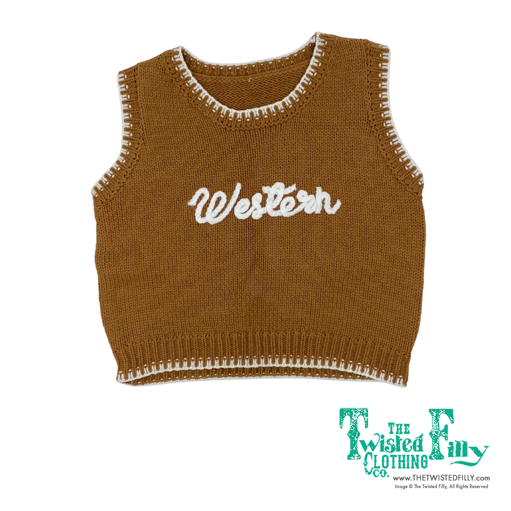 Brown knitted sweater vest with Western white stitch detail