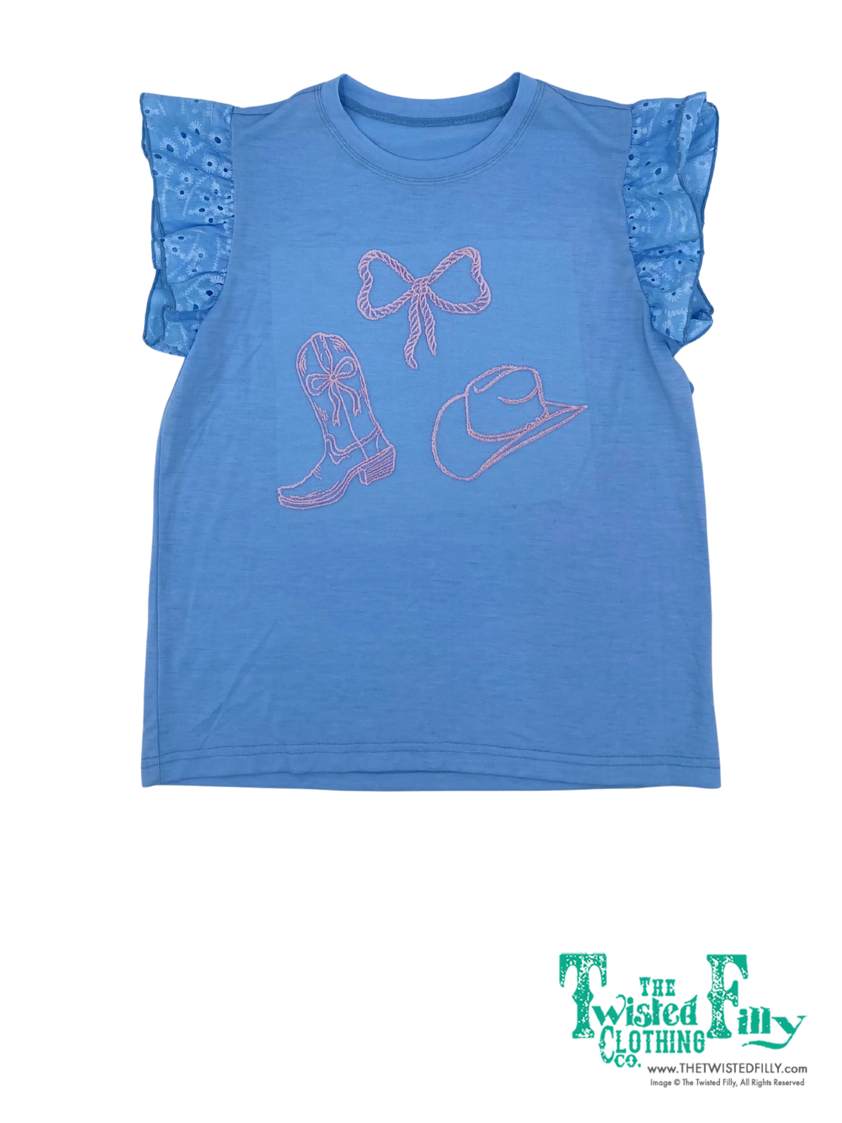 Blue eyelet ruffle sleeve t shirt with pink boots hat and rope bow design