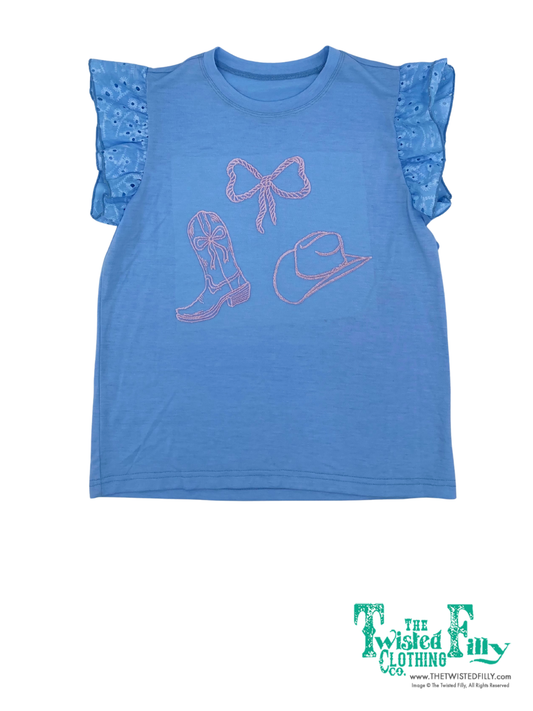 Blue eyelet ruffle sleeve t shirt with pink boots hat and rope bow design