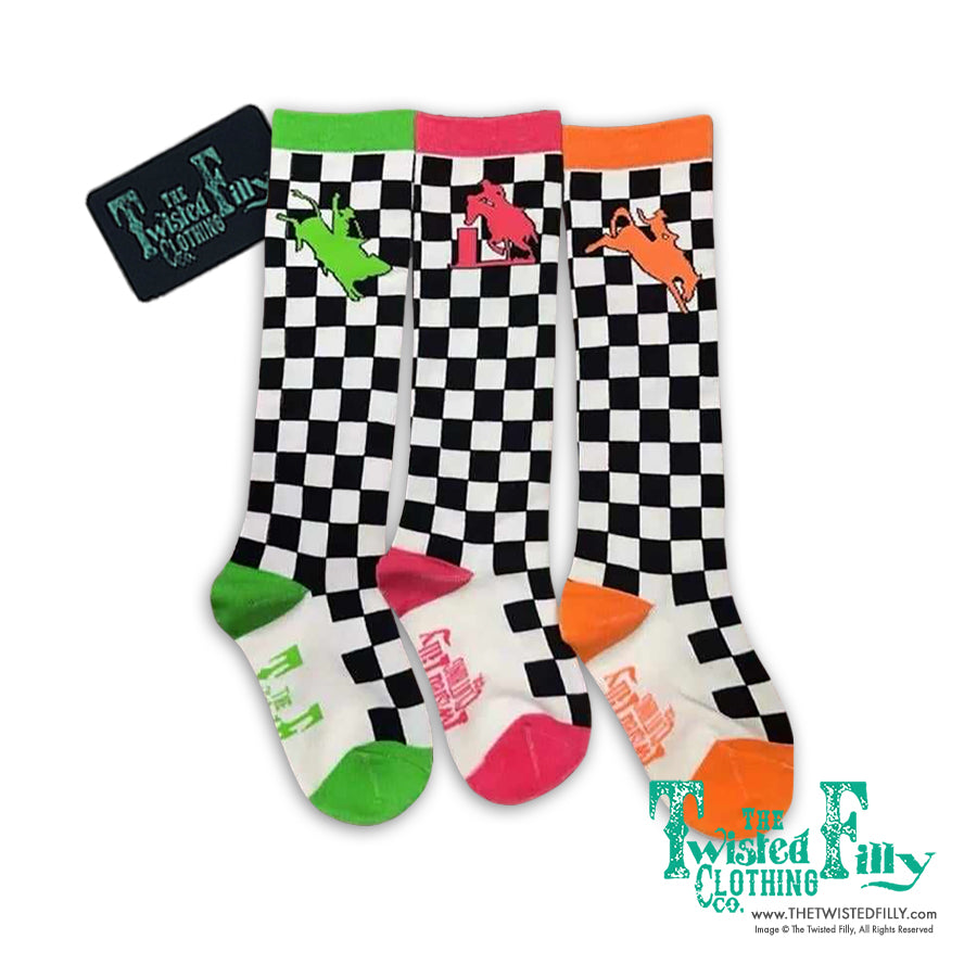 Checkered Neon Toddler Boot Socks Bull Rider, Bronc Rider, and Barrel Racer