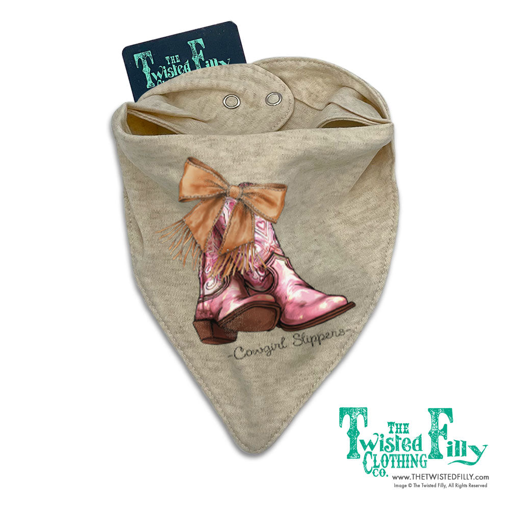 Cowgirl Slippers - Infant Girls Bandana Bib - Oatmeal