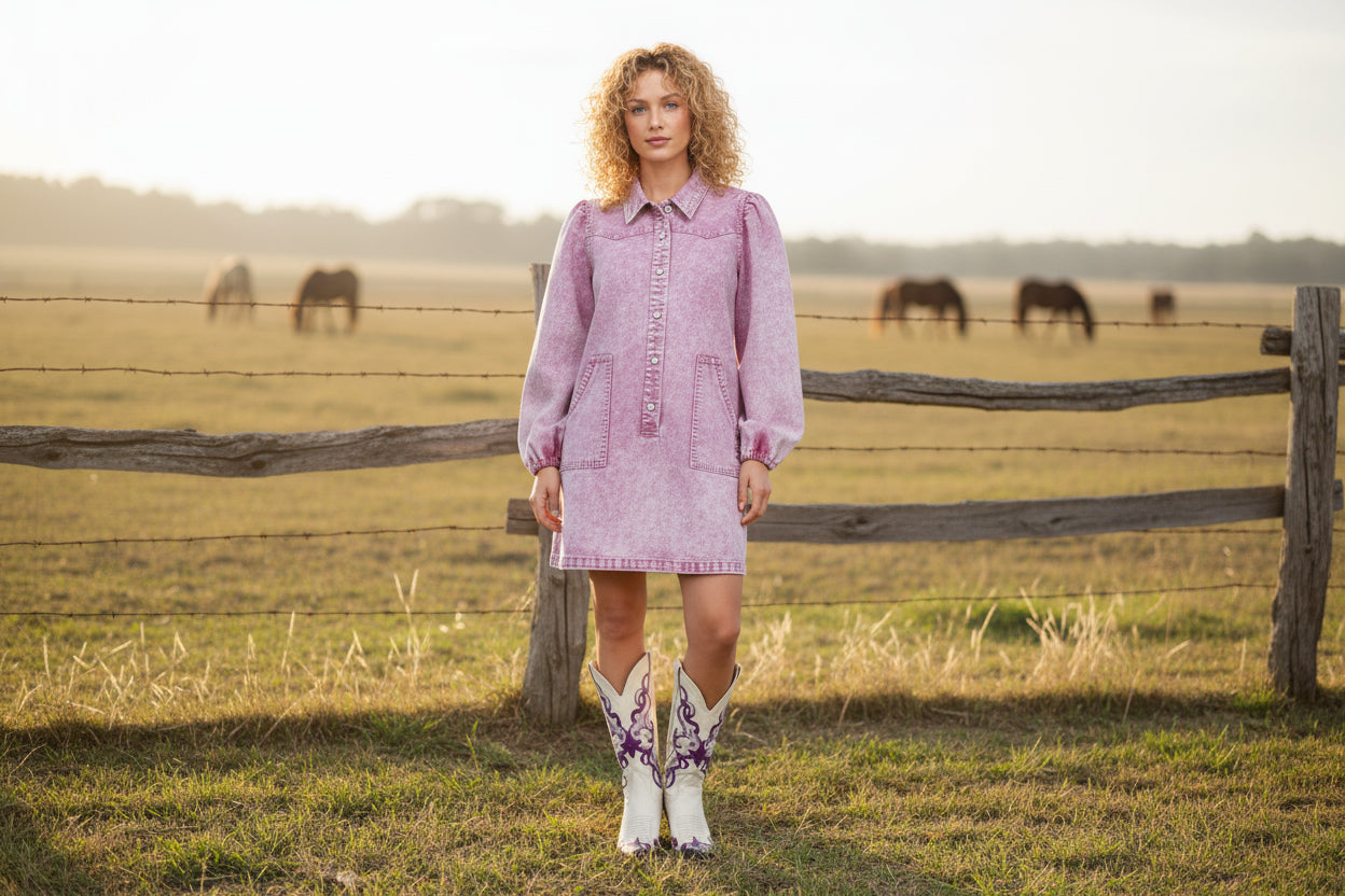 Vintage Pink - Infant LS Pearl Snap Dress