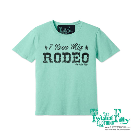 I Run This Rodeo Short Sleeve Adult Crew Neck Unisex Tee In Turquoise