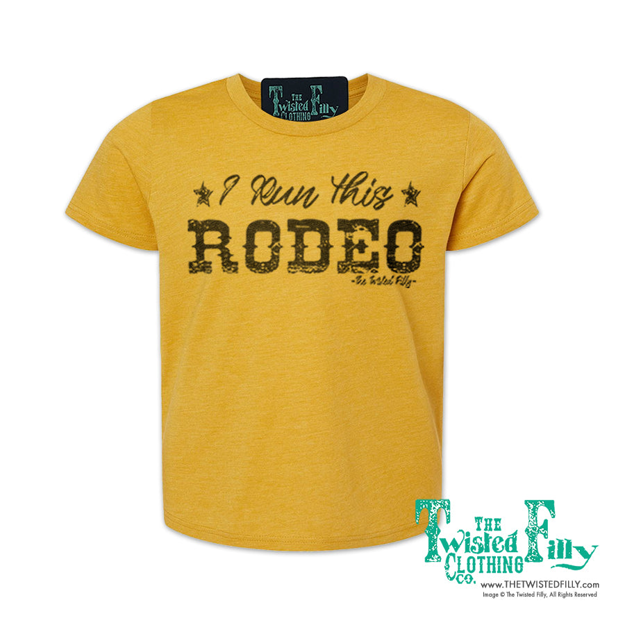 I Run This Rodeo Short Sleeve Adult Crew Neck Unisex Tee In Mustard Yellow