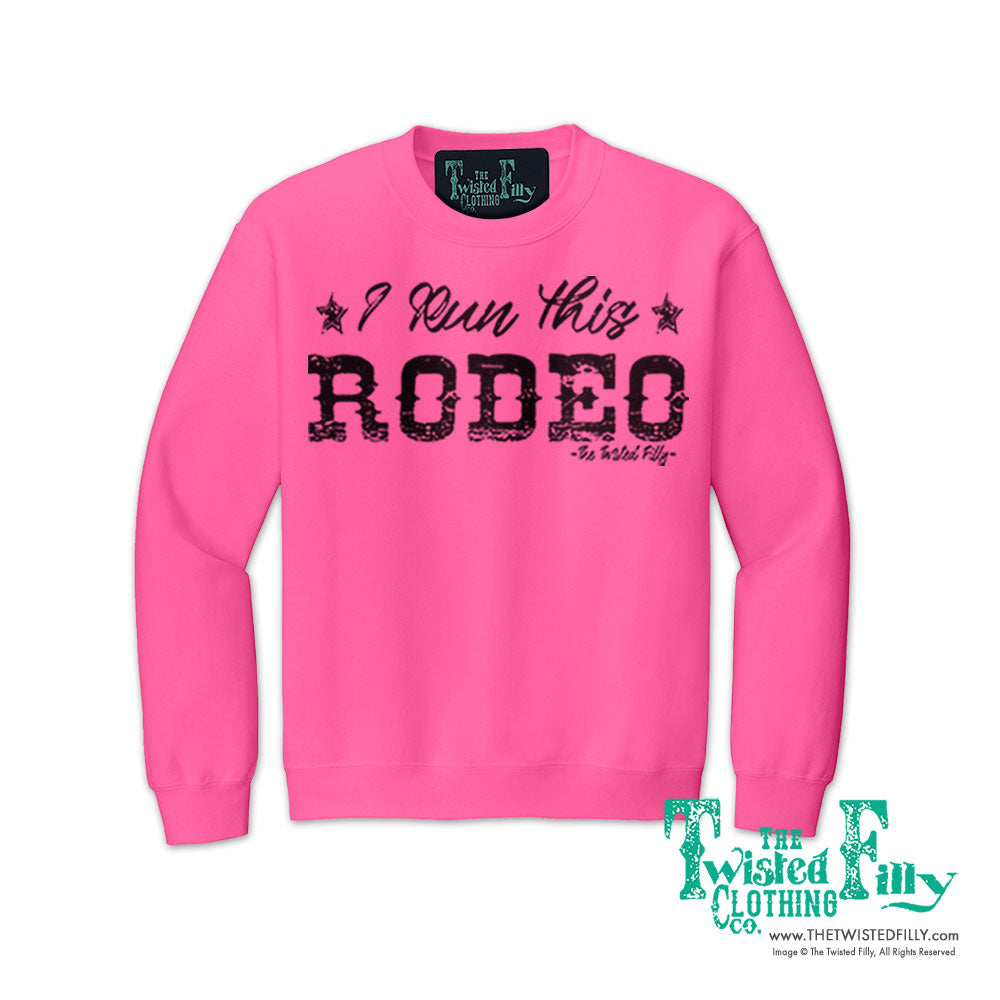 I Run This Rodeo Youth Sweatshirt Neon Pink