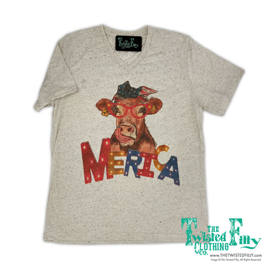 Merica Cow - S/S Womens Adult V-Neck Tee - Oatmeal