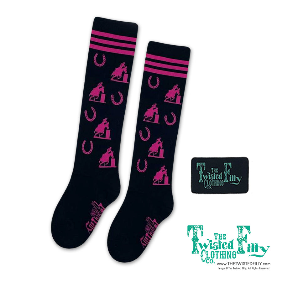 Neon Pink & Black Barrel Racer Toddler Boot Socks