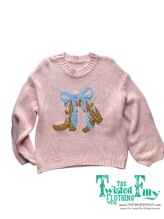Long sleeve pink knitted sweater with boots and bow embroidered detail