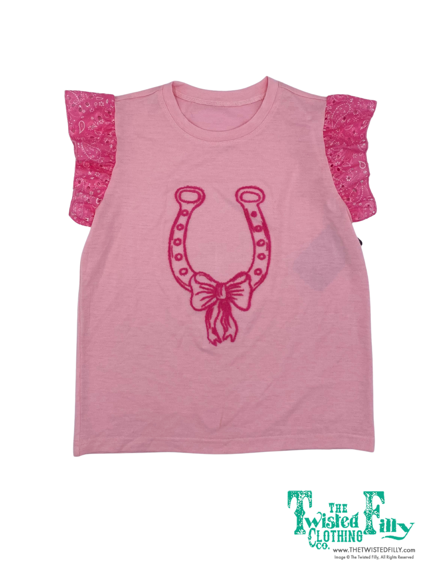 Pink Horse Shoe - Youth Ruffle Eyelet Tee