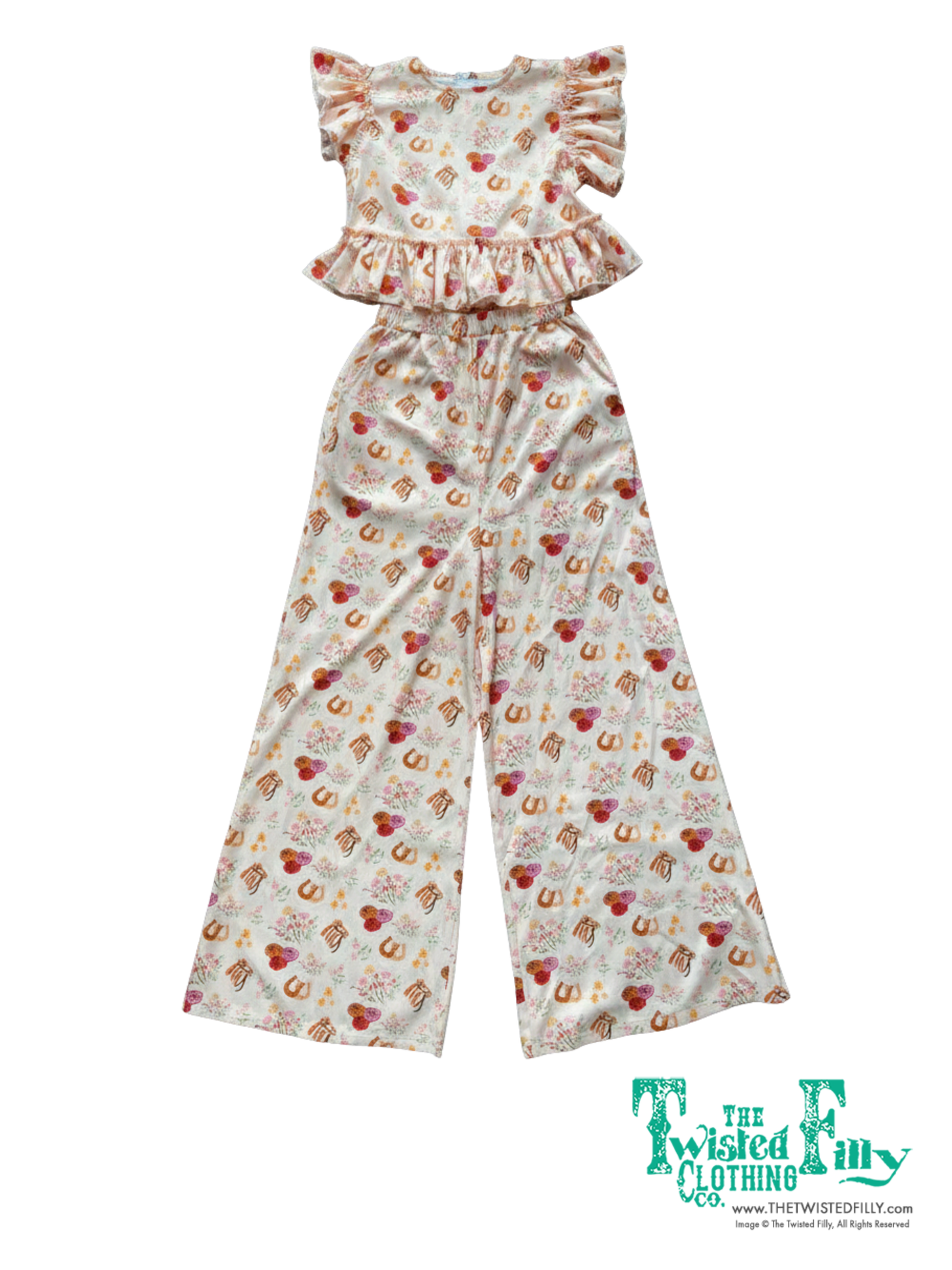 Outfit with ruffle top and wide leg pant floral pony pattern
