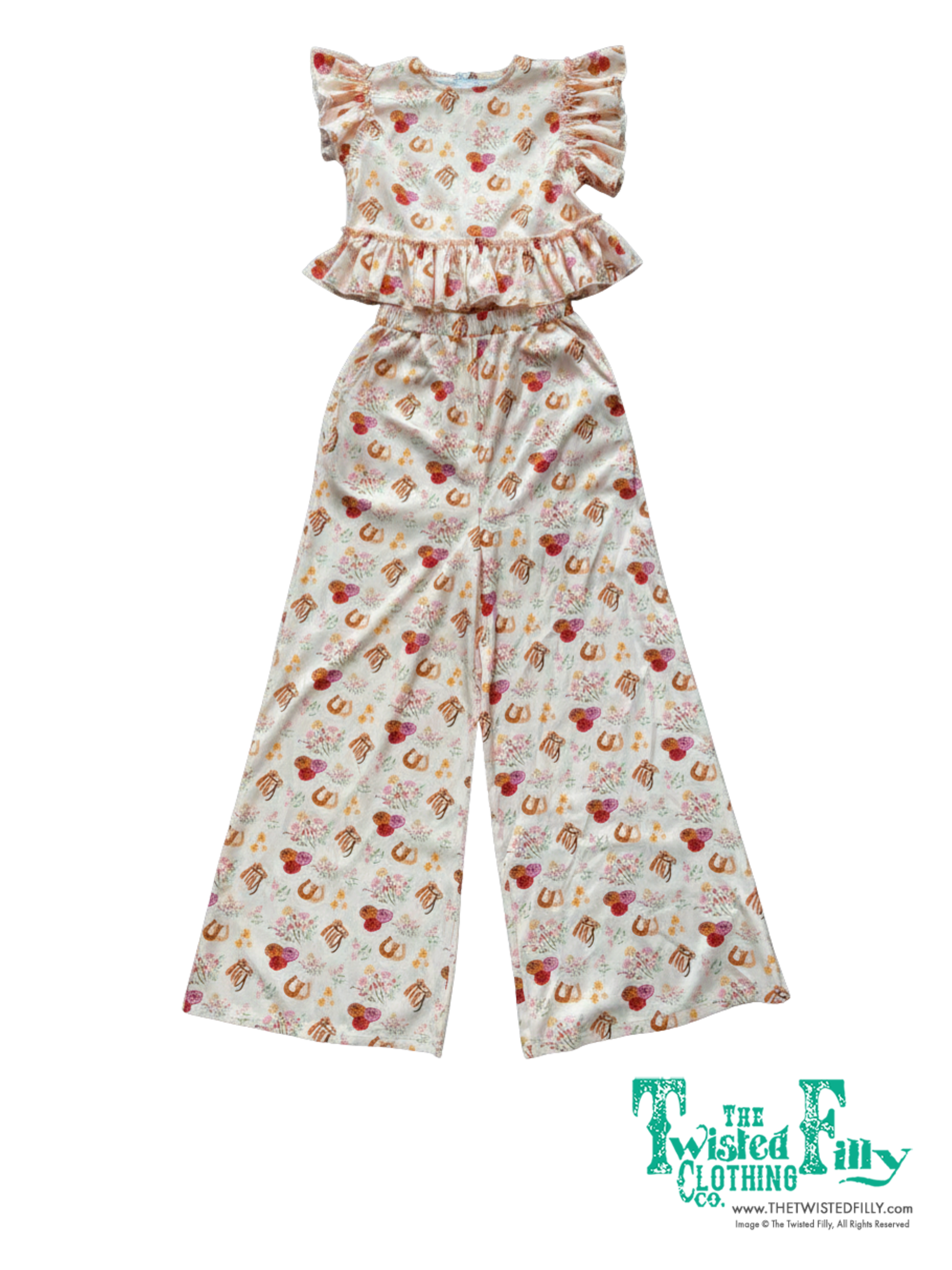 Outfit with ruffle top and wide leg pant floral pony pattern