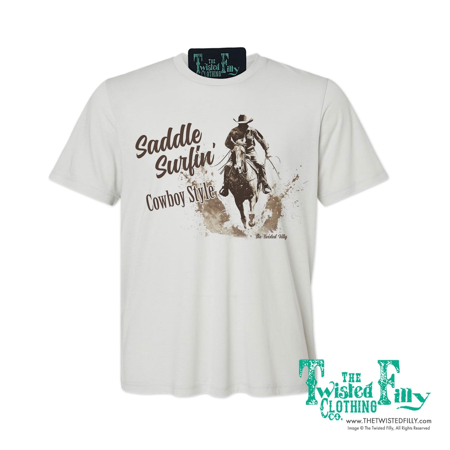 Saddle Surfin' Cowboy Style - S/S Mens Crew Neck Unisex Tee - Assorted Colors