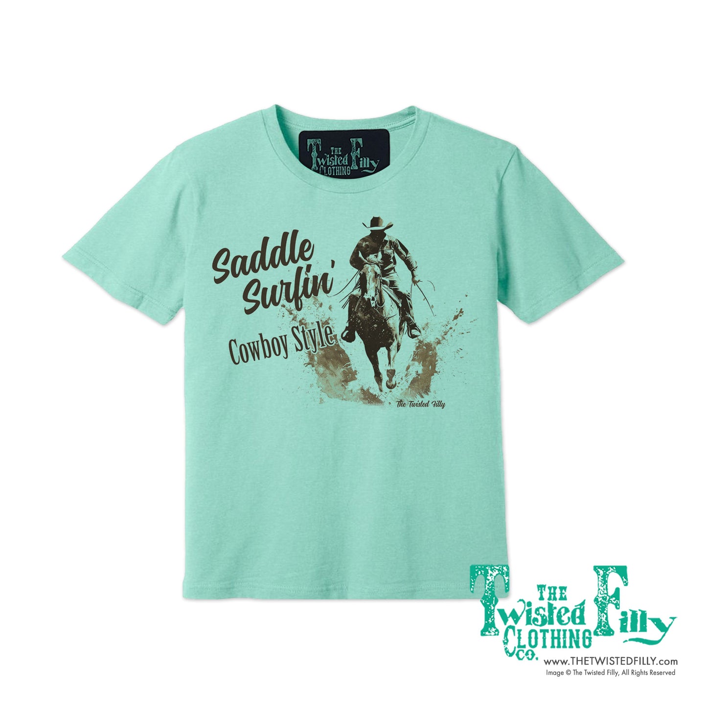 Saddle Surfin' Cowboy Style - S/S Mens Crew Neck Unisex Tee - Assorted Colors