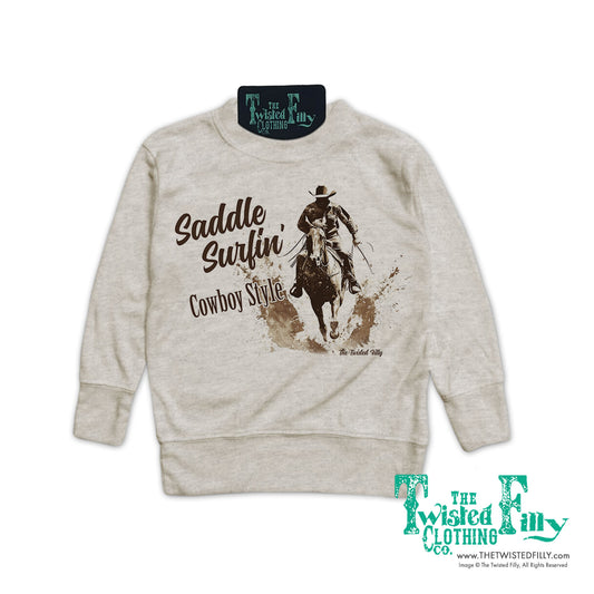 Saddle Surfin' Cowboy Style - Youth Boys Pullover - Oatmeal