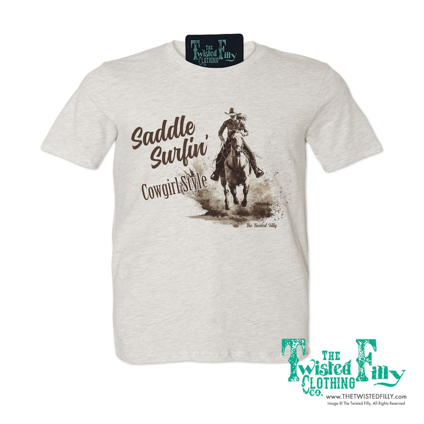 Saddle Surfin' Cowgirl Style - S/S Womens Crew Neck Unisex Tee - Assorted Colors