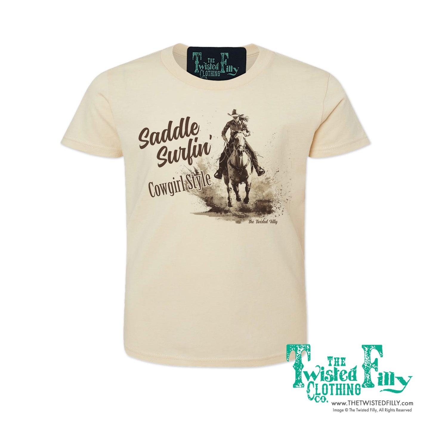 Saddle Surfin' Cowgirl Style - S/S Womens Crew Neck Unisex Tee - Assorted Colors