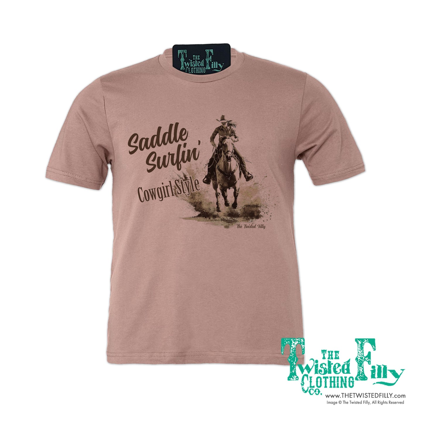 Saddle Surfin' Cowgirl Style - S/S Womens Crew Neck Unisex Tee - Assorted Colors