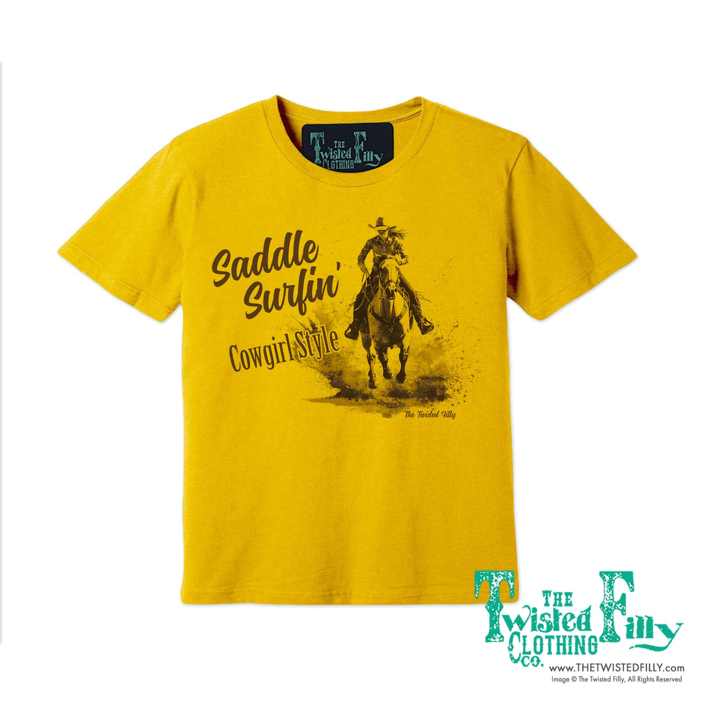 Saddle Surfin' Cowgirl Style - S/S Womens Crew Neck Unisex Tee - Assorted Colors