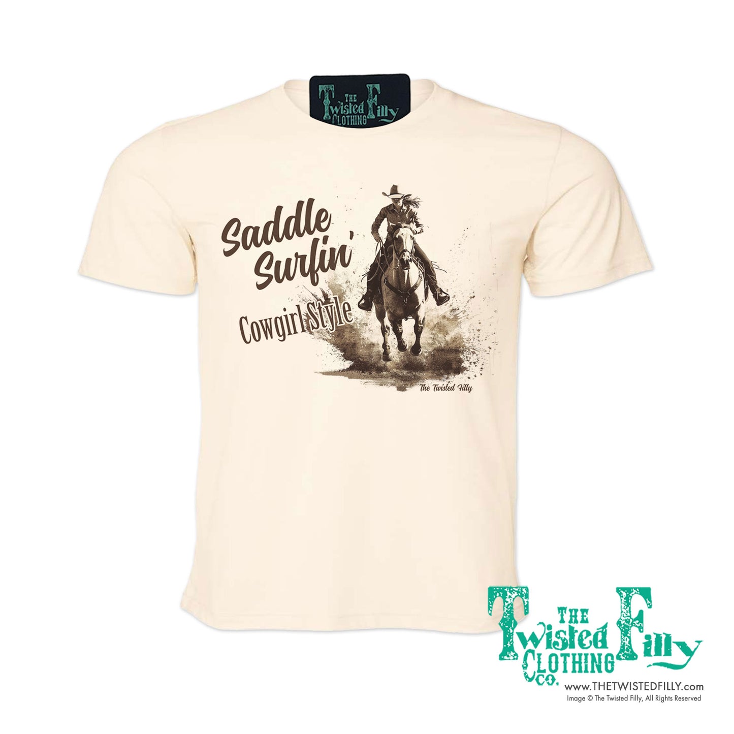 Saddle Surfin' Cowgirl Style - S/S Womens Crew Neck Unisex Tee - Assorted Colors