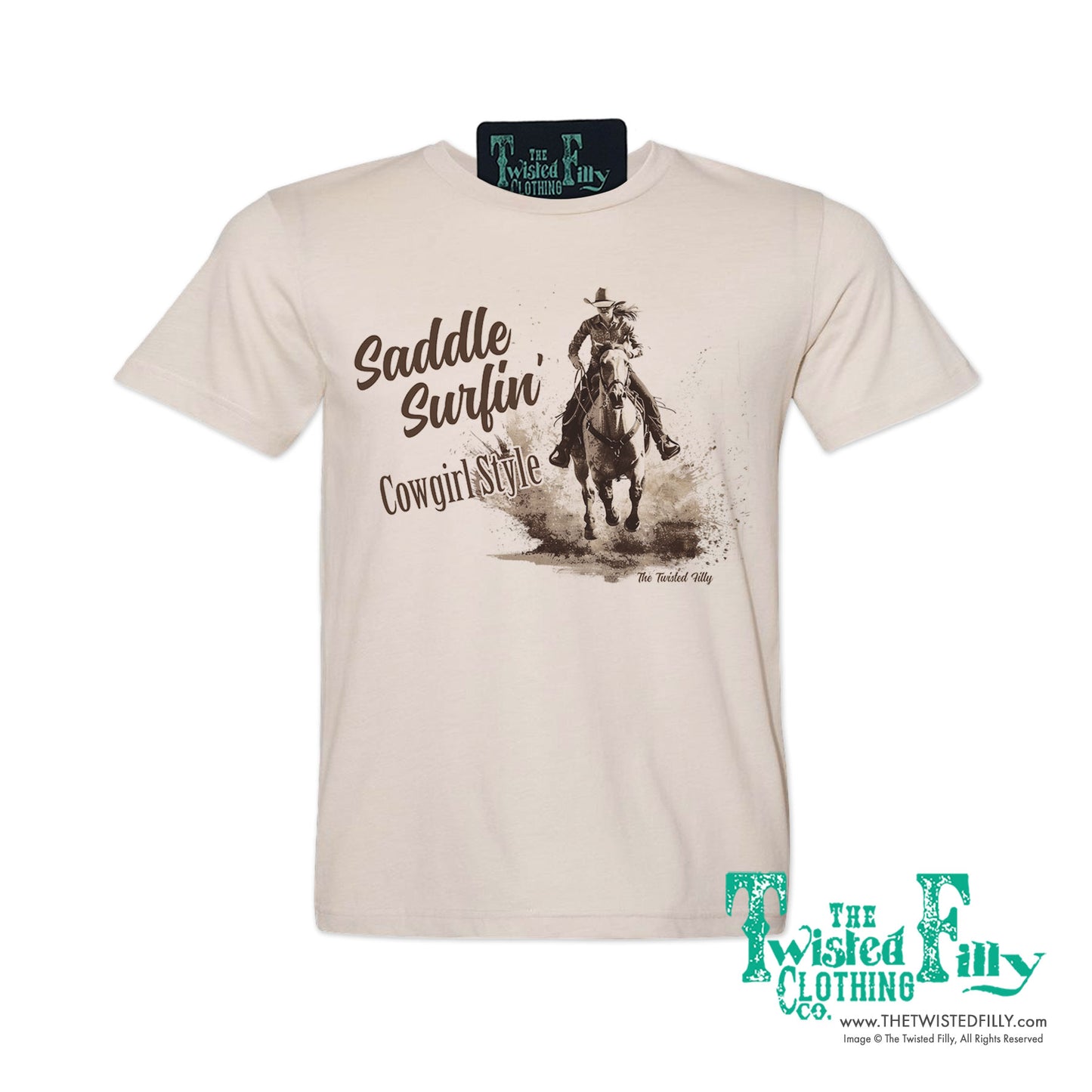 Saddle Surfin' Cowgirl Style - S/S Womens Crew Neck Unisex Tee - Assorted Colors