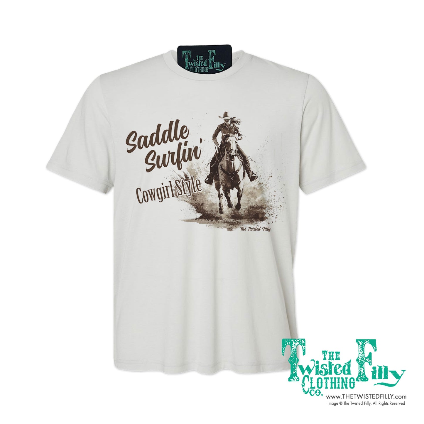 Saddle Surfin' Cowgirl Style - S/S Womens Crew Neck Unisex Tee - Assorted Colors