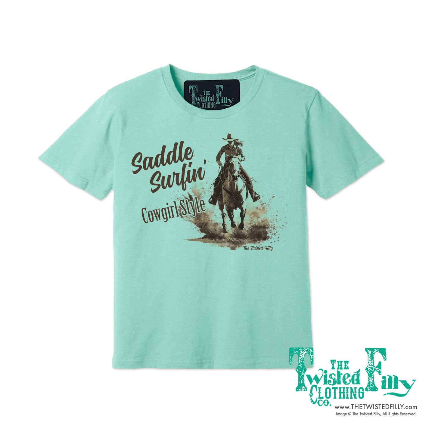 Saddle Surfin' Cowgirl Style - S/S Womens Crew Neck Unisex Tee - Assorted Colors