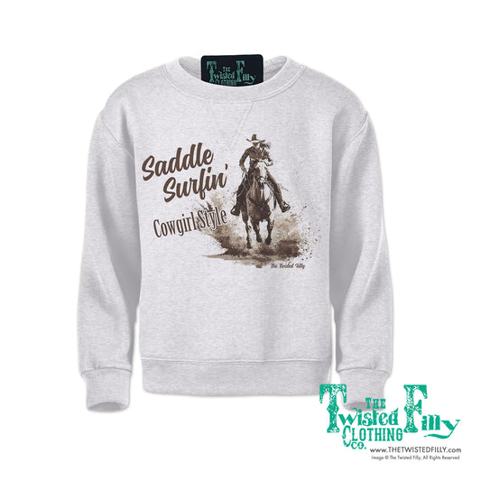 Saddle Surfin' Cowgirl Style - Youth Girls Sweatshirt - Assorted Colors