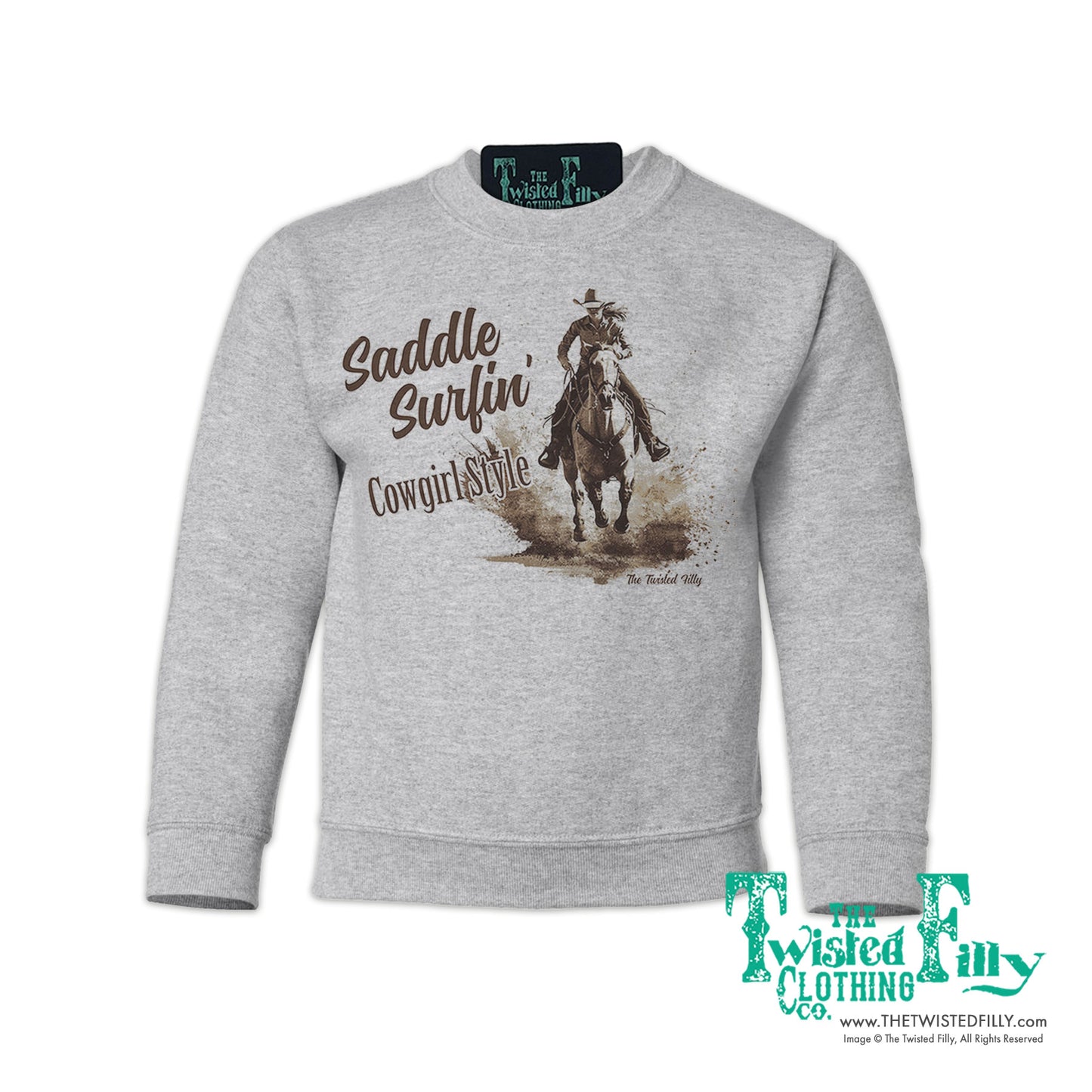 Saddle Surfin' Cowgirl Style - Youth Girls Sweatshirt - Assorted Colors