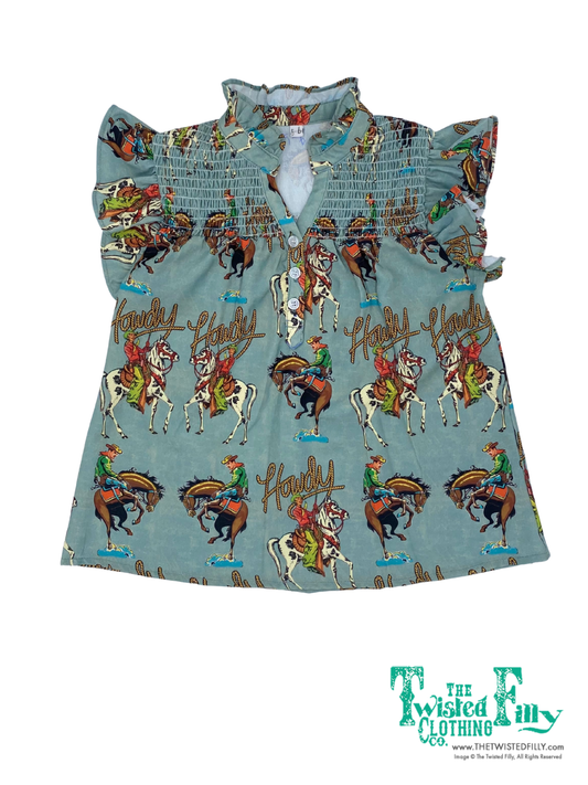 Teal Howdy - Youth Smocked Ruffle Sleeve Top