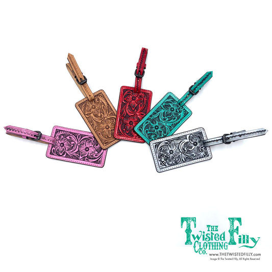 Western Hand Tooled Genuine Leather Luggage Tag - Assorted Colors