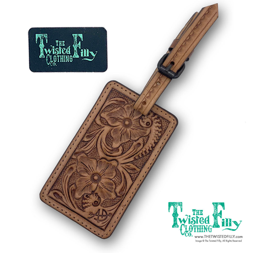 Tooled leather luggage tag with buckle in natural brown medium oil