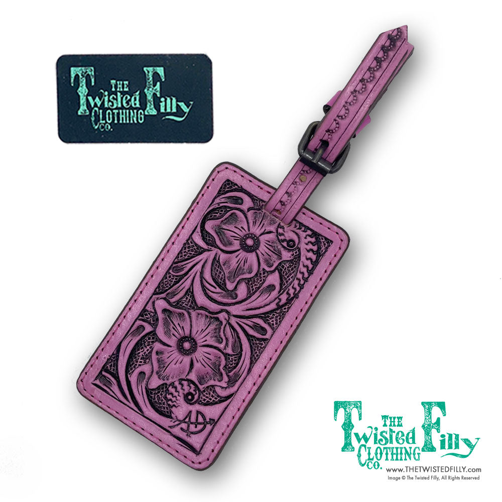 Tooled leather luggage tag with buckle in pink