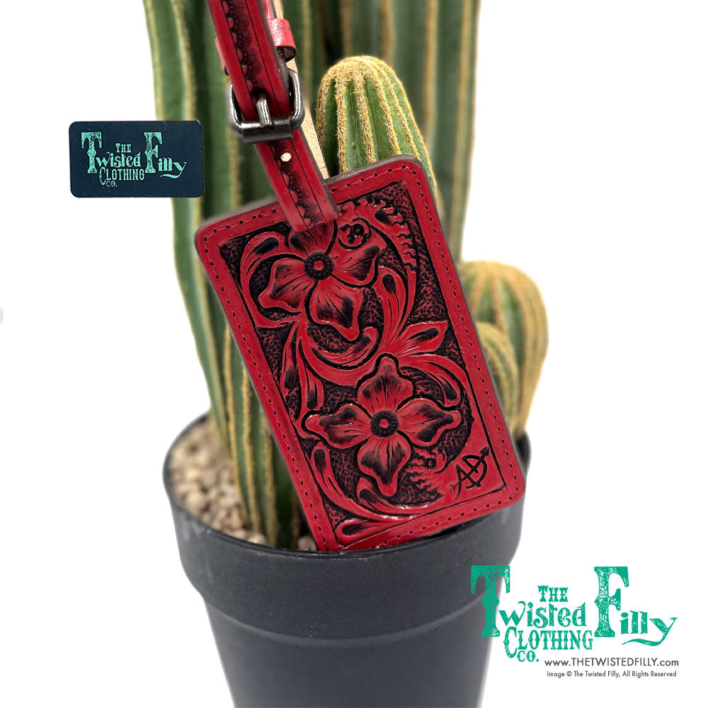 Tooled leather luggage tag with buckle in red