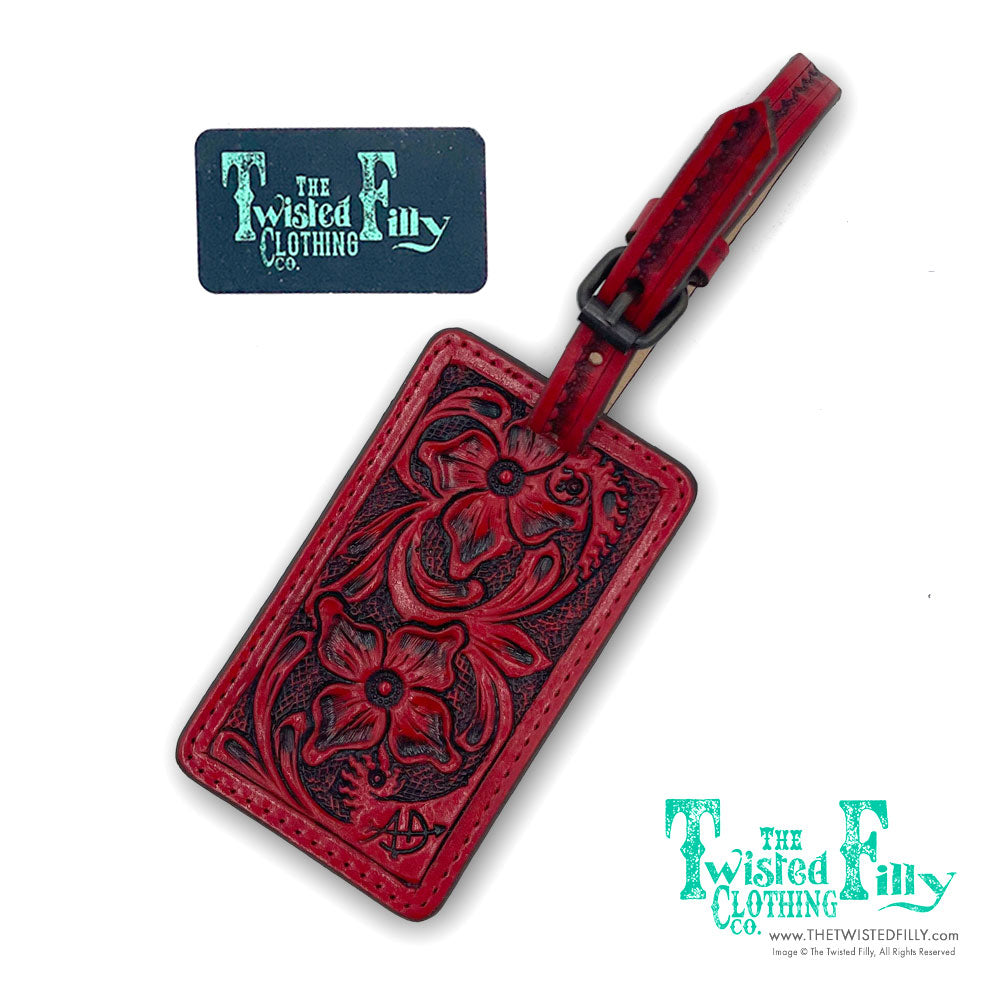 Tooled leather luggage tag with buckle in red