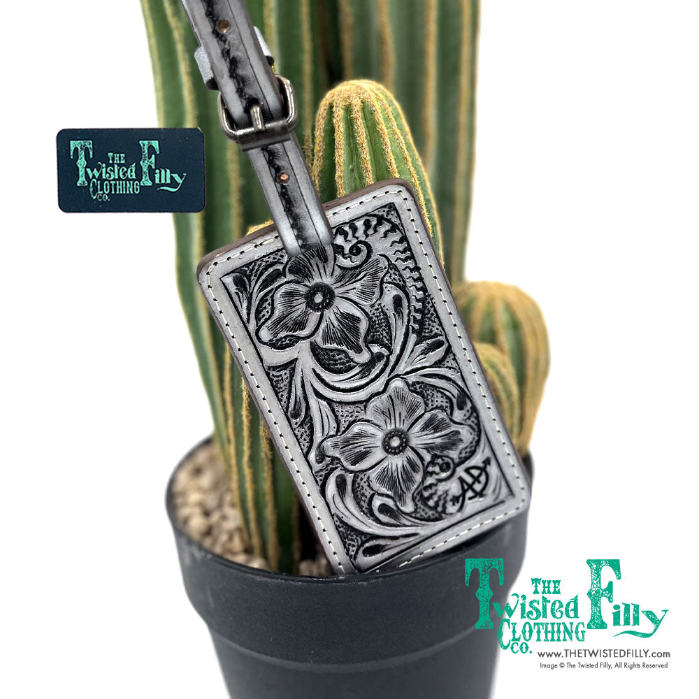 Tooled leather luggage tag with buckle in silver