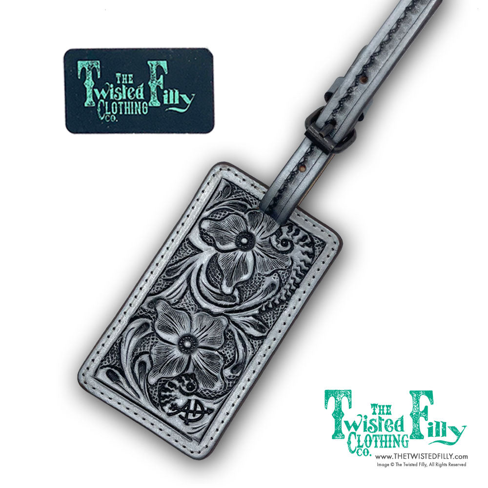 Tooled leather luggage tag with buckle in silver