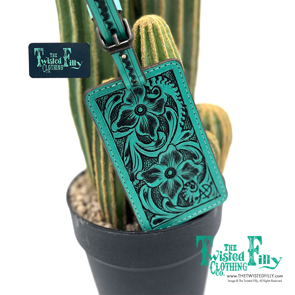 Tooled leather luggage tag with buckle in turquoise