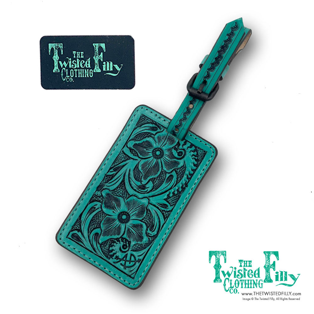 Tooled leather luggage tag with buckle in turquoise