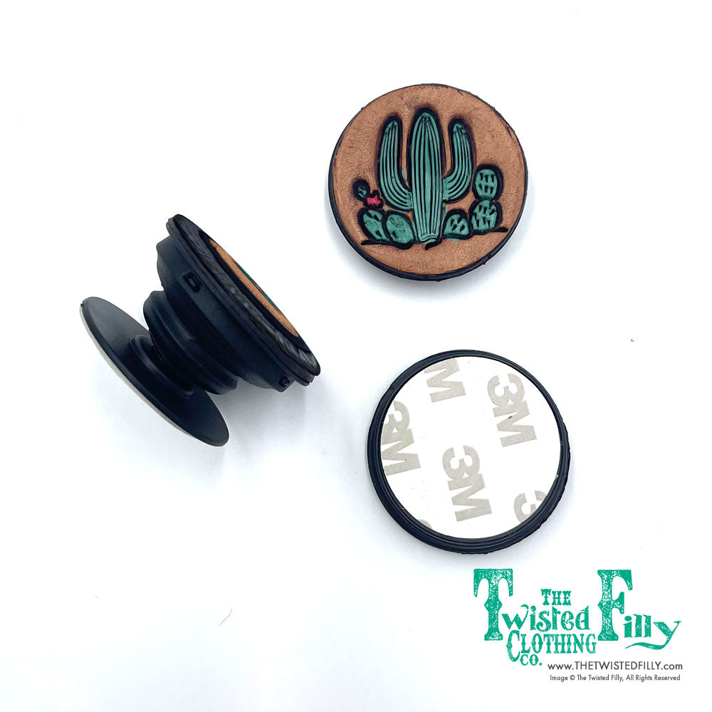 Western Genuine Leather Colorful Saguaro Cactus Design Pop Socket