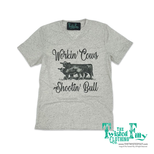 Workin' Cows Shootin' Bull - S/S Adult V-Neck Tee - Oatmeal