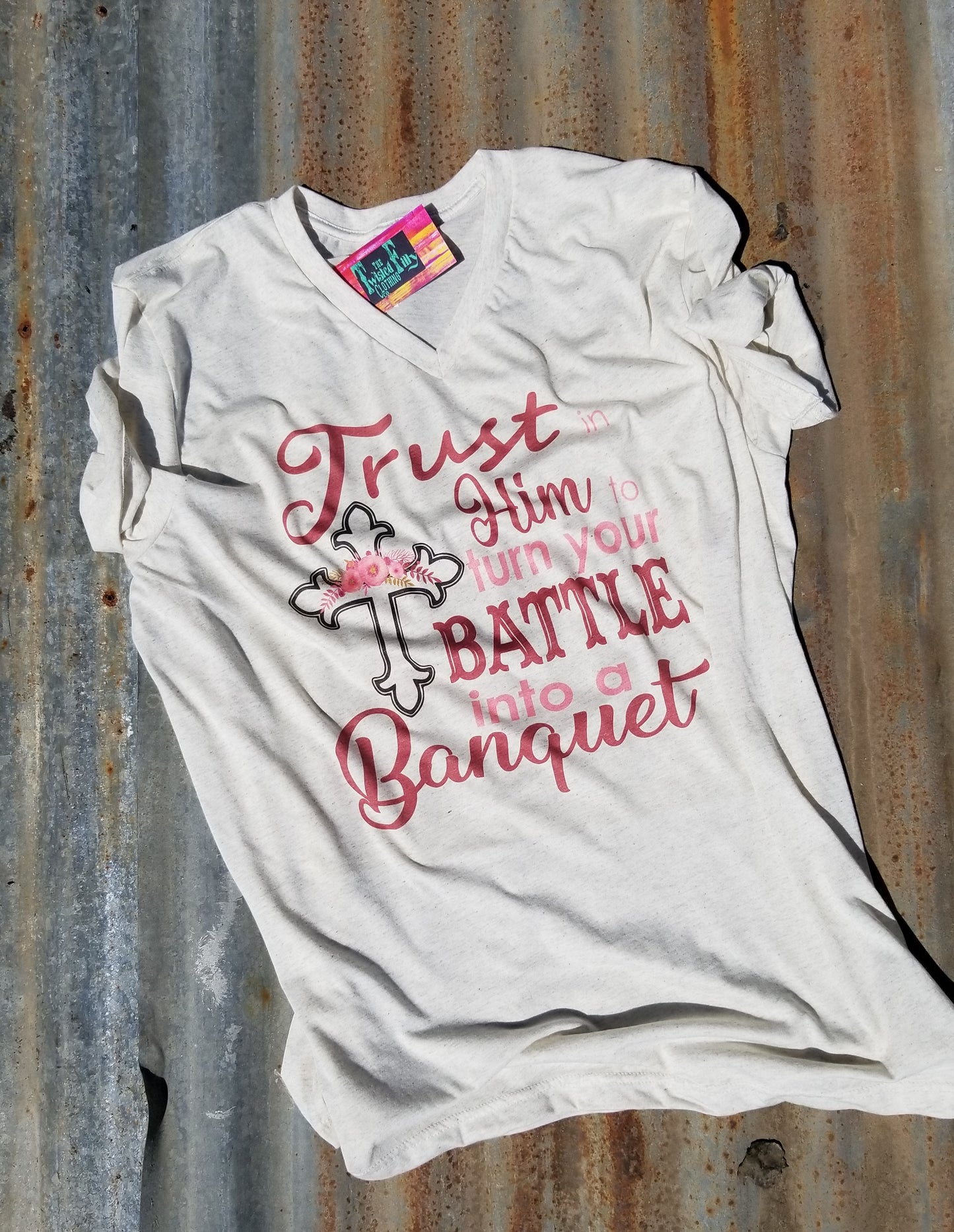 Trust In Him To Turn Your Battle Into a Banquet - S/S Adult Crew Neck Tee - Oatmeal