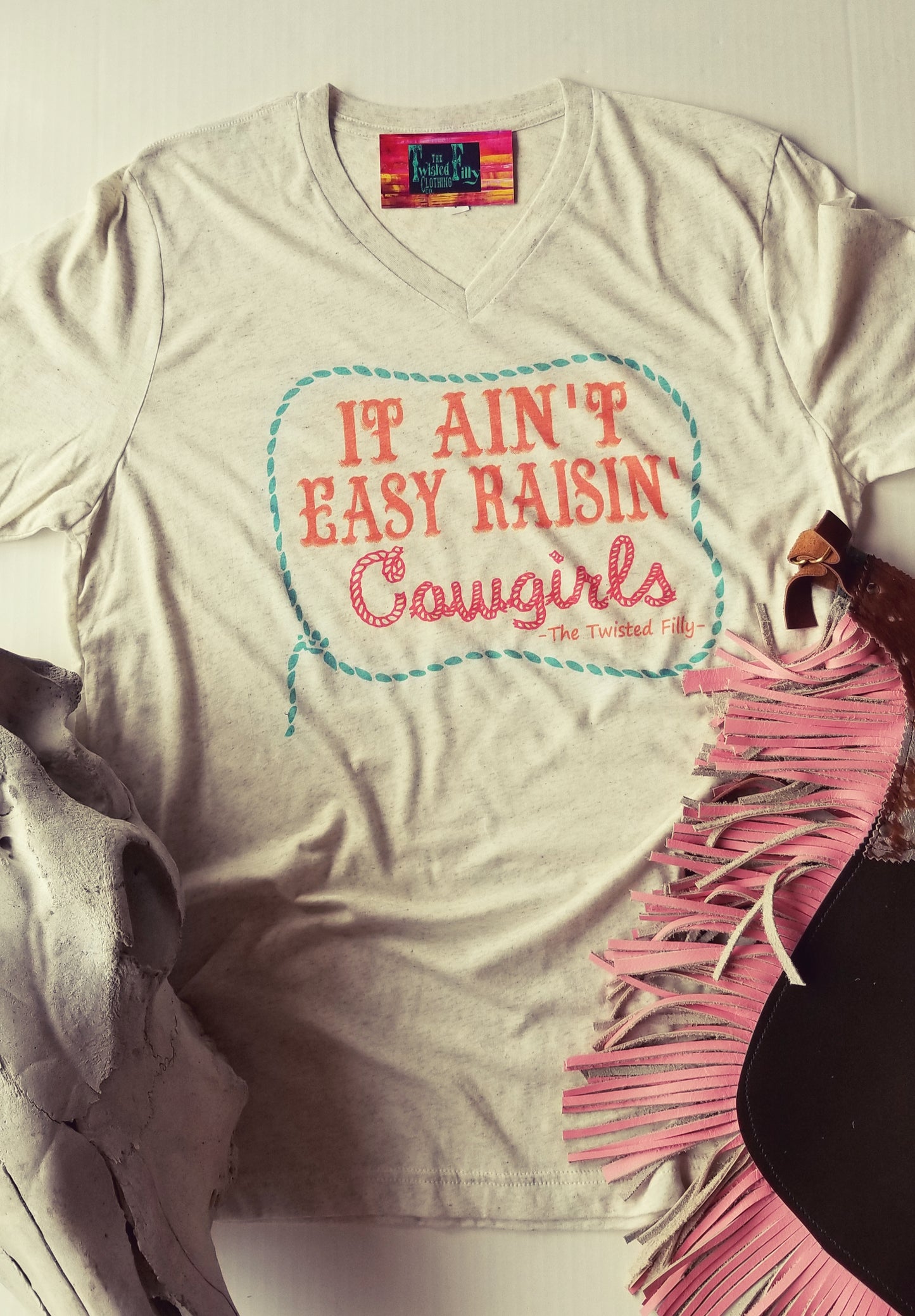 It Ain't Easy Raisin' Cowgirls - S/S Adult V-Neck Tee - Oatmeal