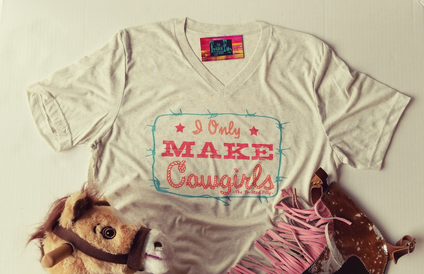 I Only Make Cowgirls - S/S Adult V-Neck Tee - Oatmeal