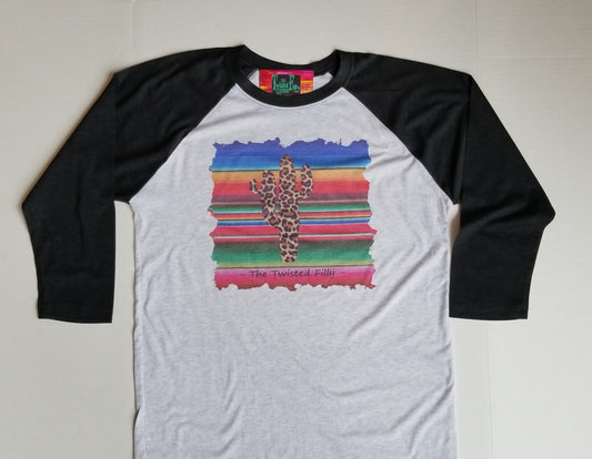 Serape & Cheetah Cactus - 3/4 Sleeve Adult Baseball Tee - Blk + Grey