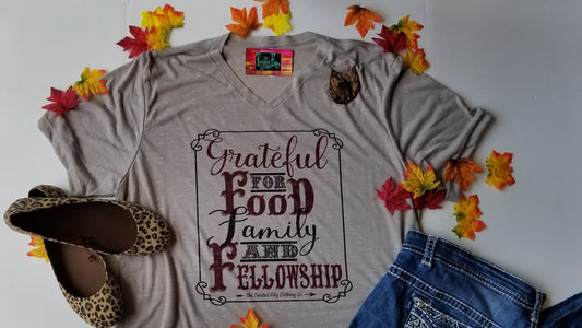 Grateful for Food, Family & Fellowship - S/S Adult V-Neck Tee - Grey